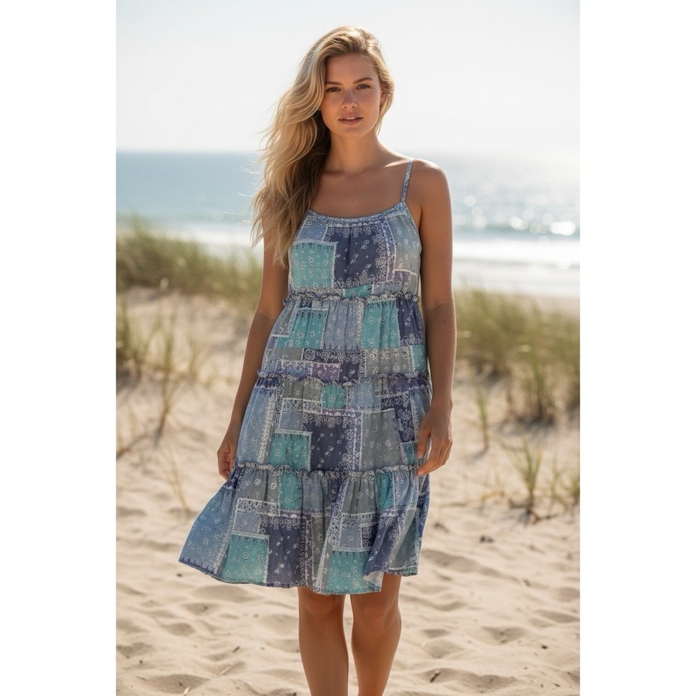 Beach Lunch Lounge Blue Bandana Print Patchwork Tiered Sundress Size L Cottageco
